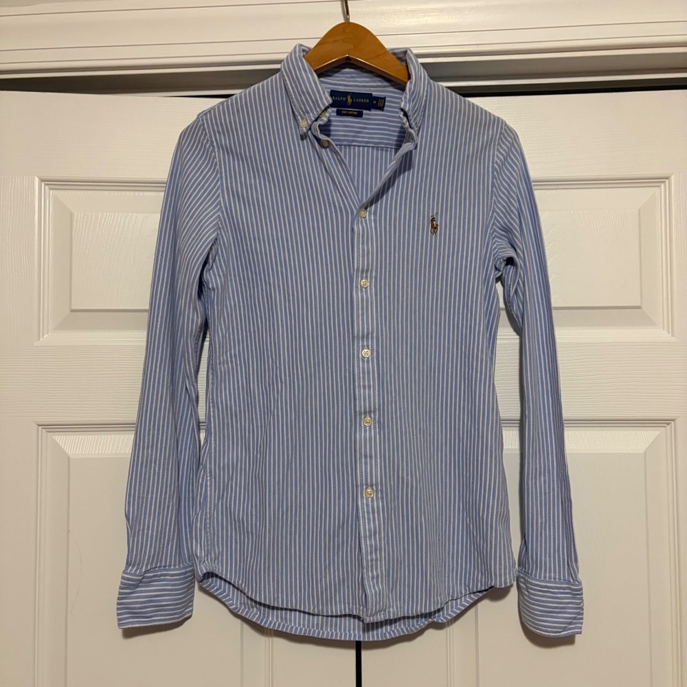 Ralph Lauren Knit Oxford Boy Size M Blue Stripe Button Down Shirt Preppy School